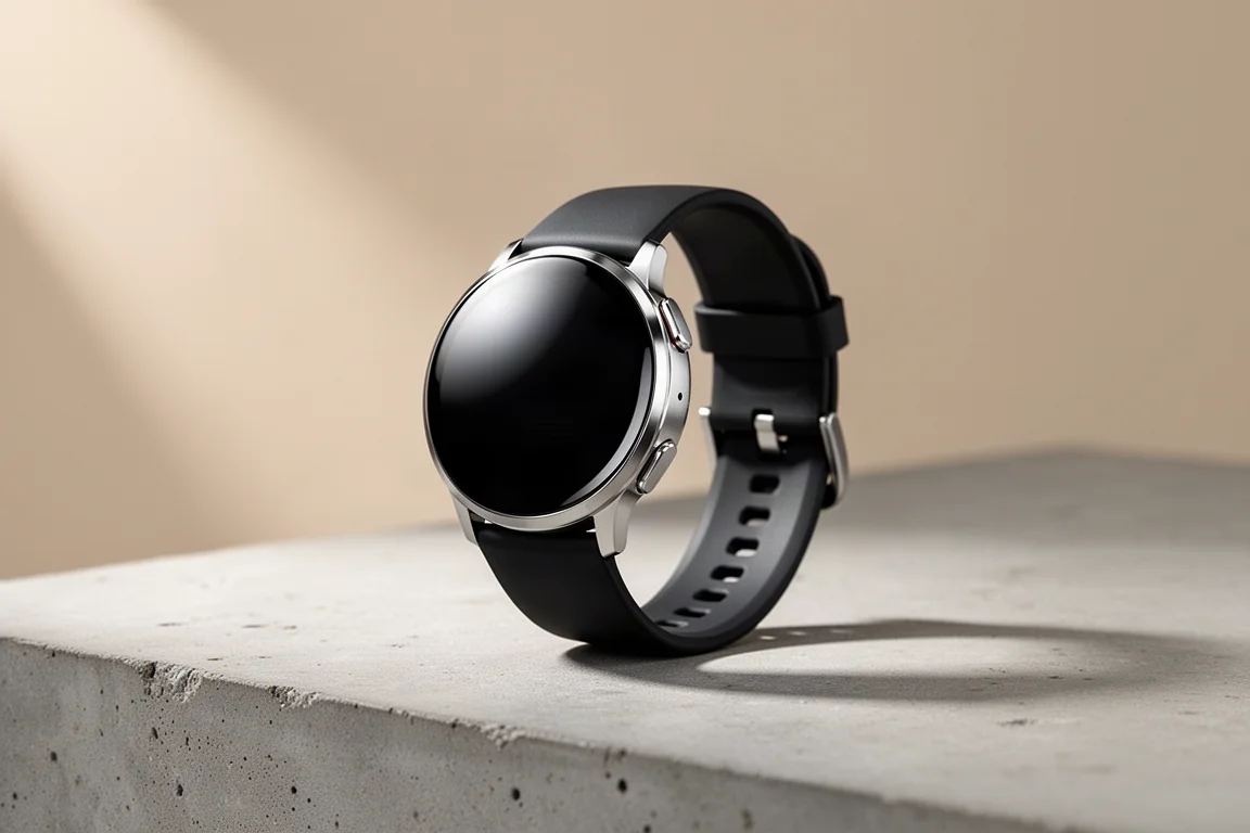 Garmin Venu 4 smartwatch with round AMOLED display on a concrete surface