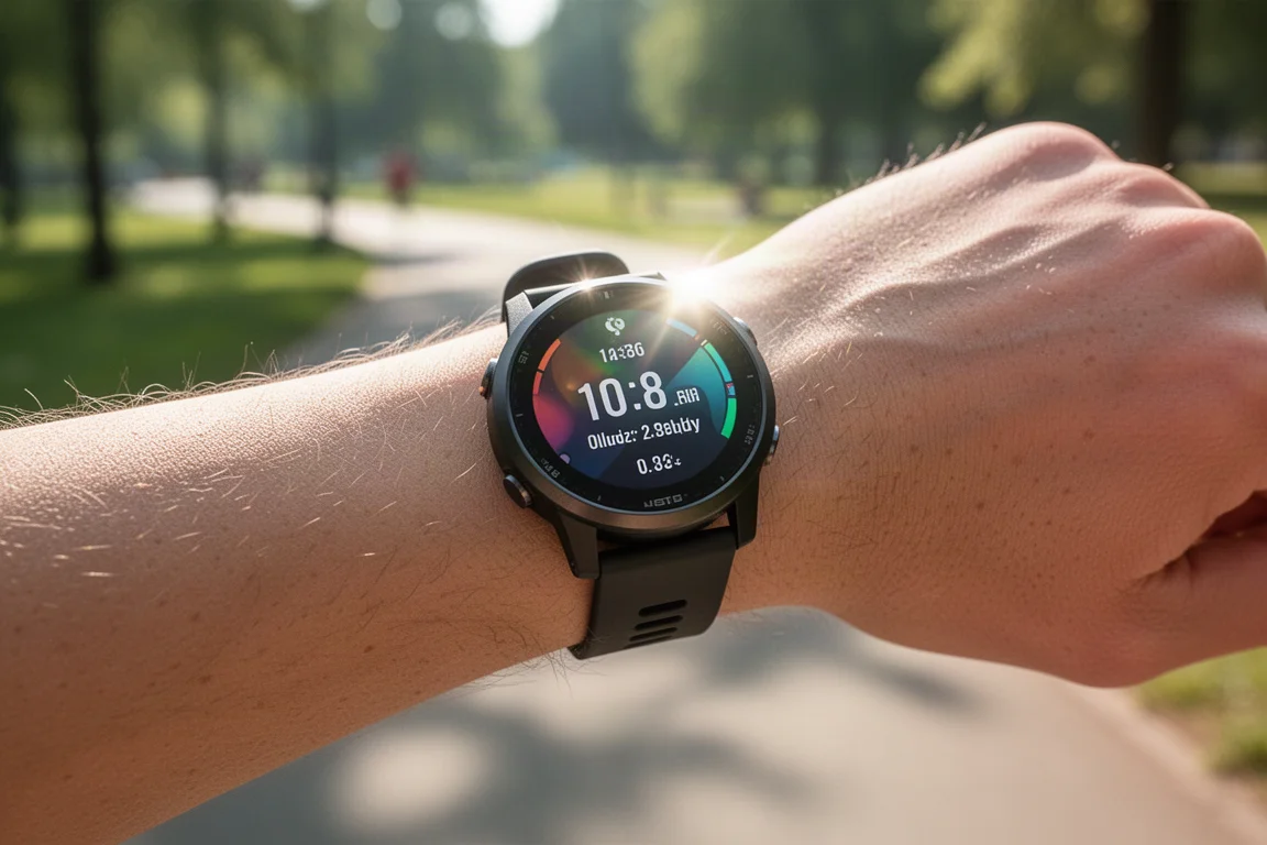 Runner checking a bright smartwatch display in direct sunlight