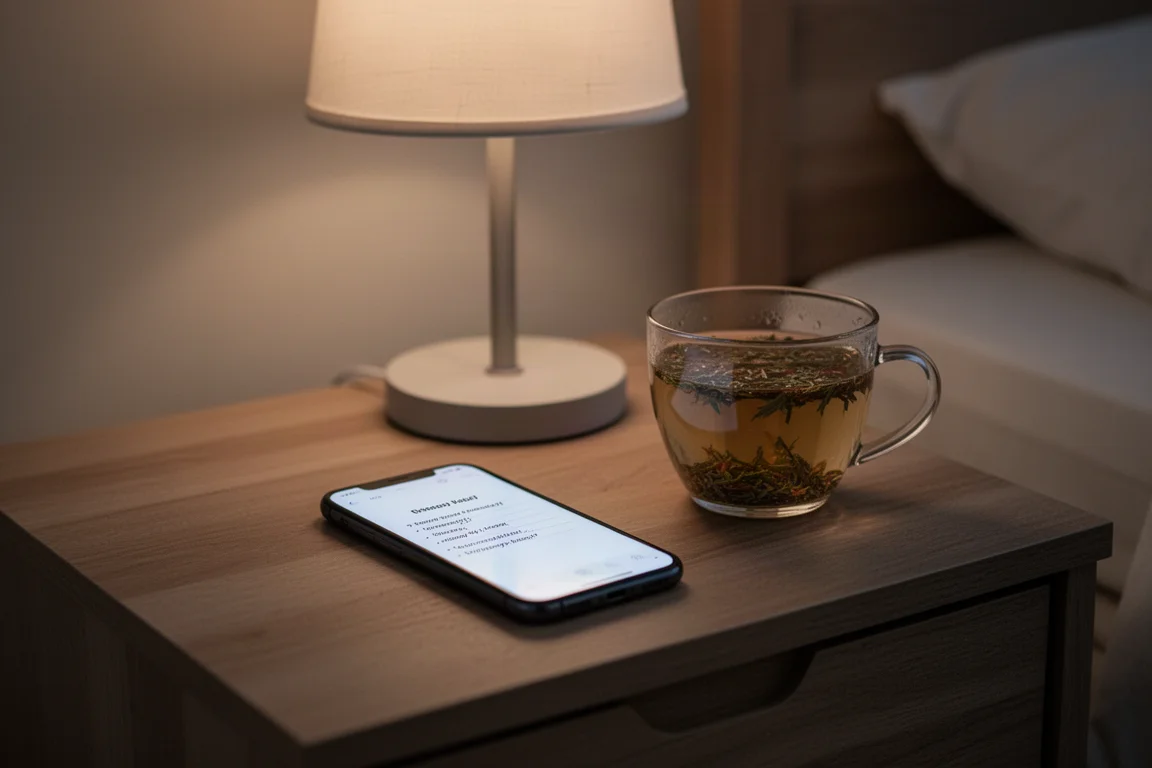 Person journaling on a phone health app in the evening