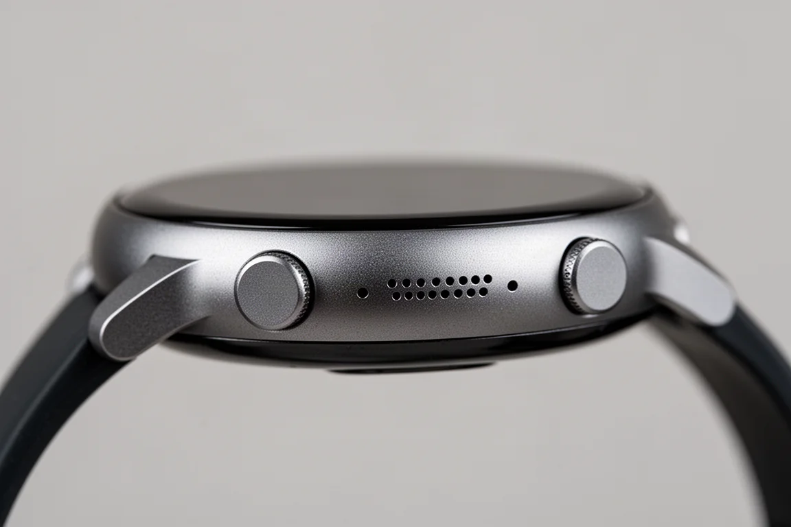 Close-up of a smartwatch speaker grille and buttons