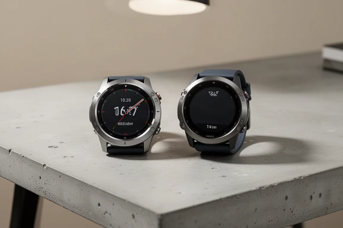 Two smartwatches side by side on a desk for comparison