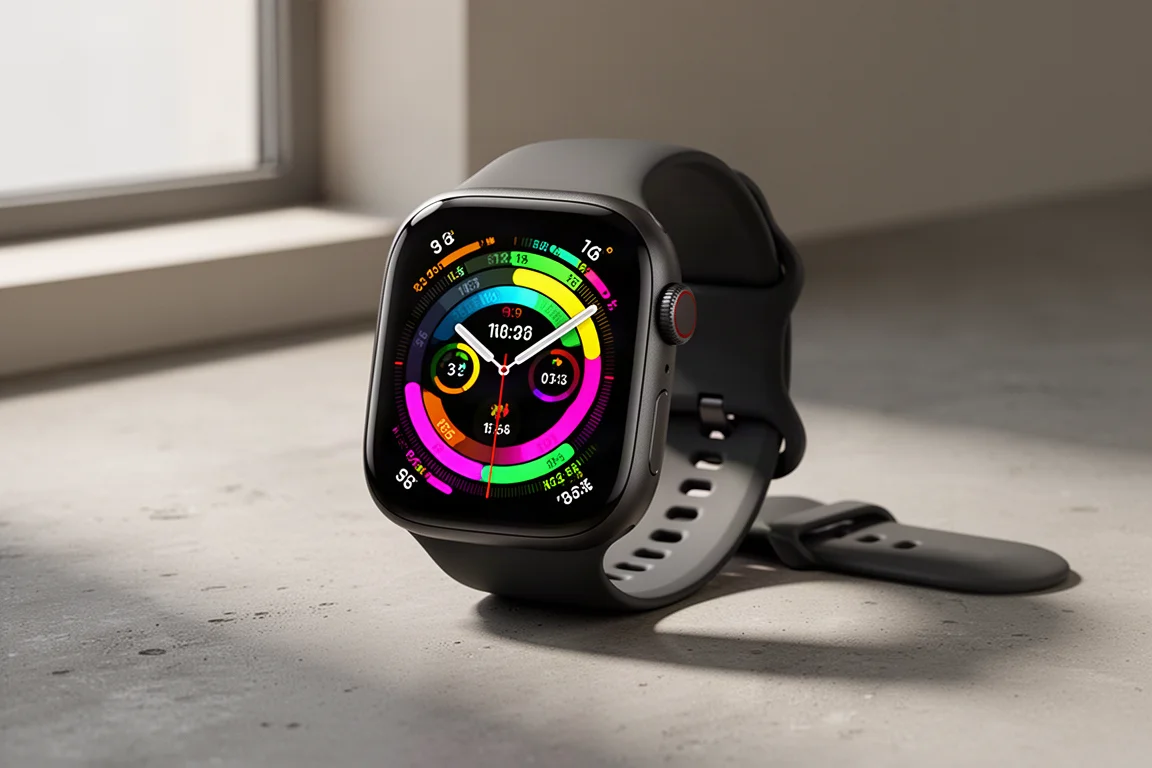 方錶面 Garmin 風格健身智能手錶，亮麗 AMOLED 顯示屏置於混凝土表面