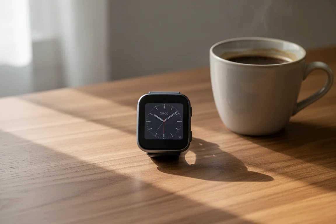 Slim square-faced sports watch resting on a wooden desk in window light