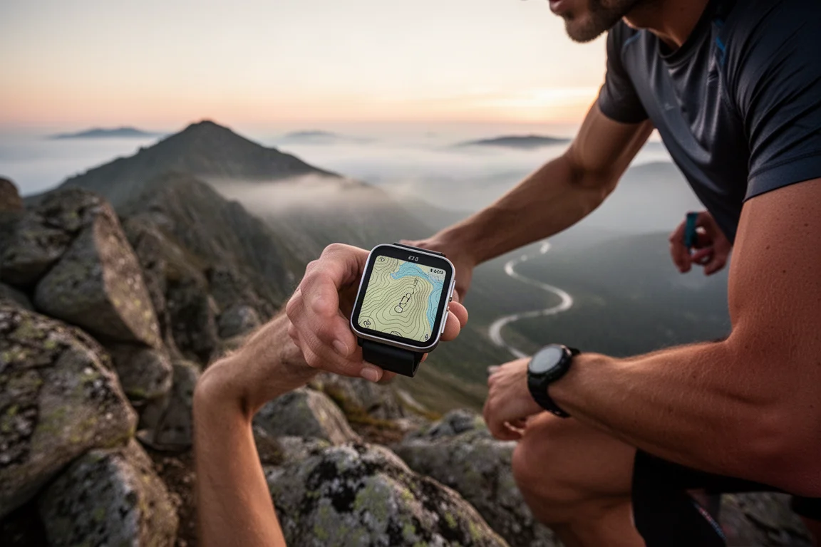 Hiker checking turn-by-turn route guidance on a mountain trail at dusk