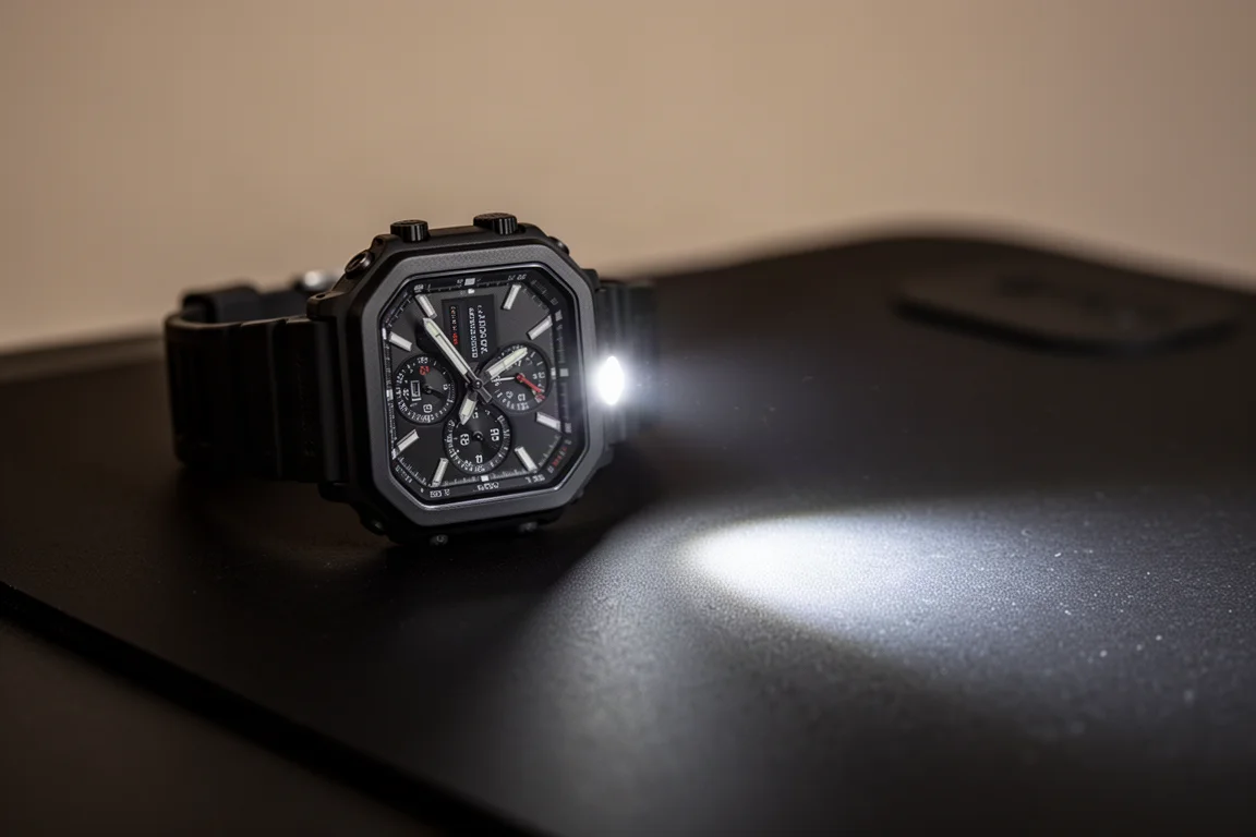 Close-up of a watch flashlight casting a white beam onto a dark surface