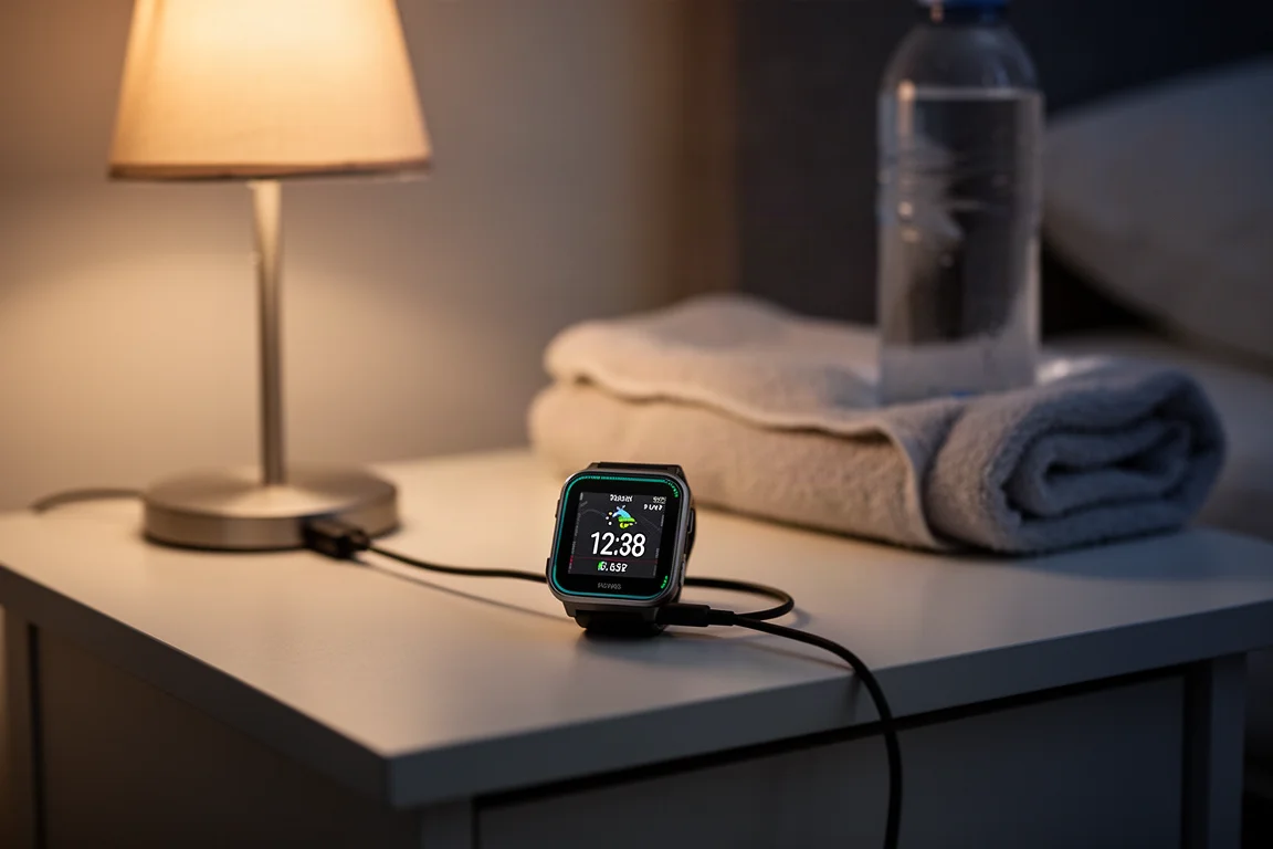 Athlete charging a slim sports watch on a bedside table at night