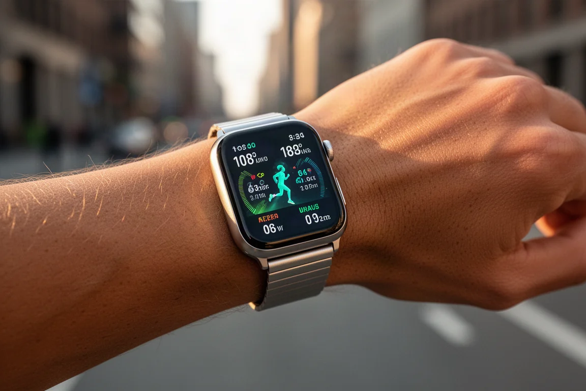 Corredor conferindo a tela grande e brilhante de um smartwatch durante uma corrida matinal