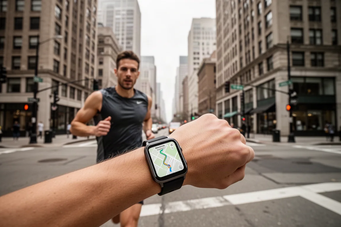 Corredor navegando por uma rota no centro da cidade em um smartwatch com mapa