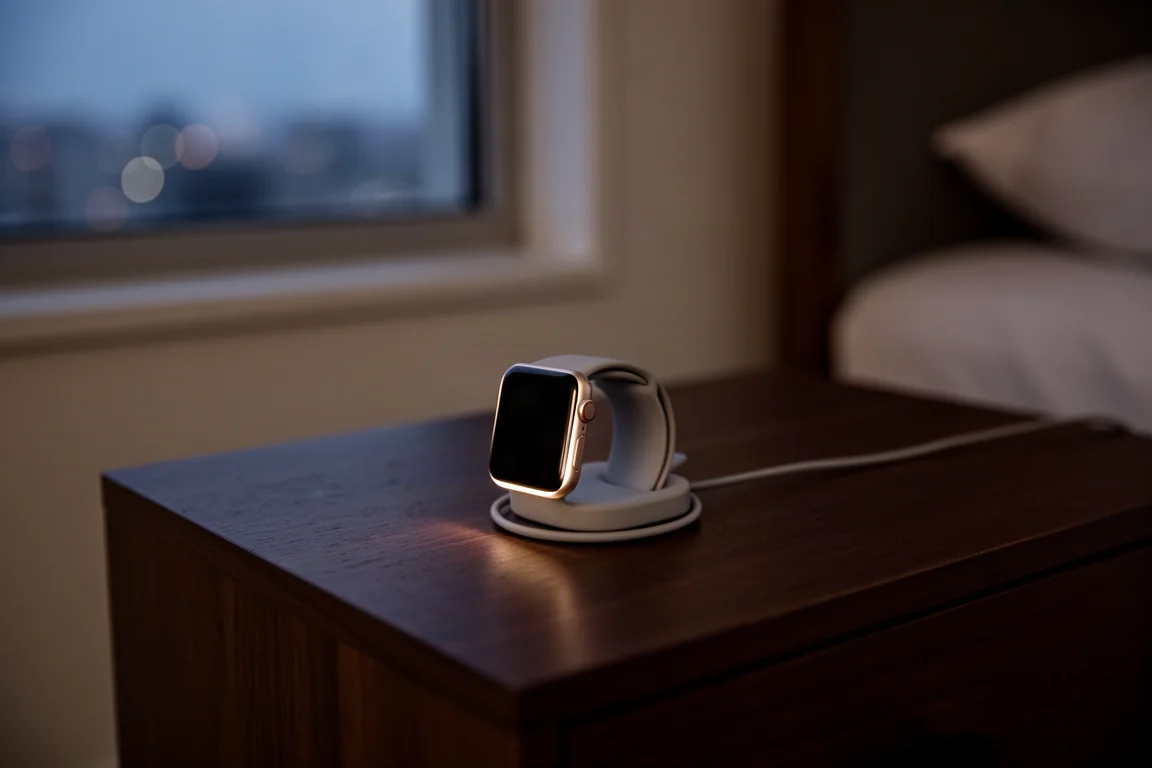 Smartwatch conectado a um cabo de carregamento sobre uma mesa de cabeceira ao anoitecer