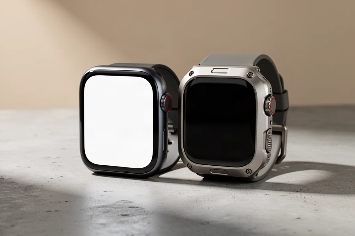 Two premium square smartwatches side by side on a concrete surface