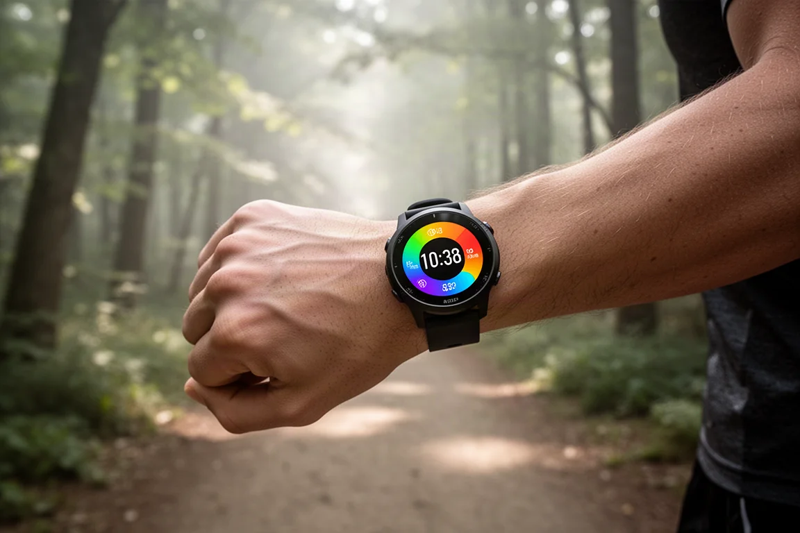 Runner checking a bright round smartwatch face on the wrist in soft daylight