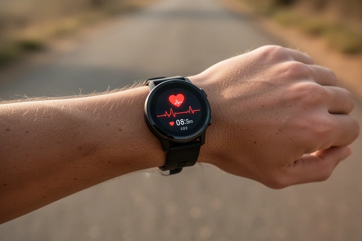 Wrist with smartwatch showing heart rate reading during a steady run