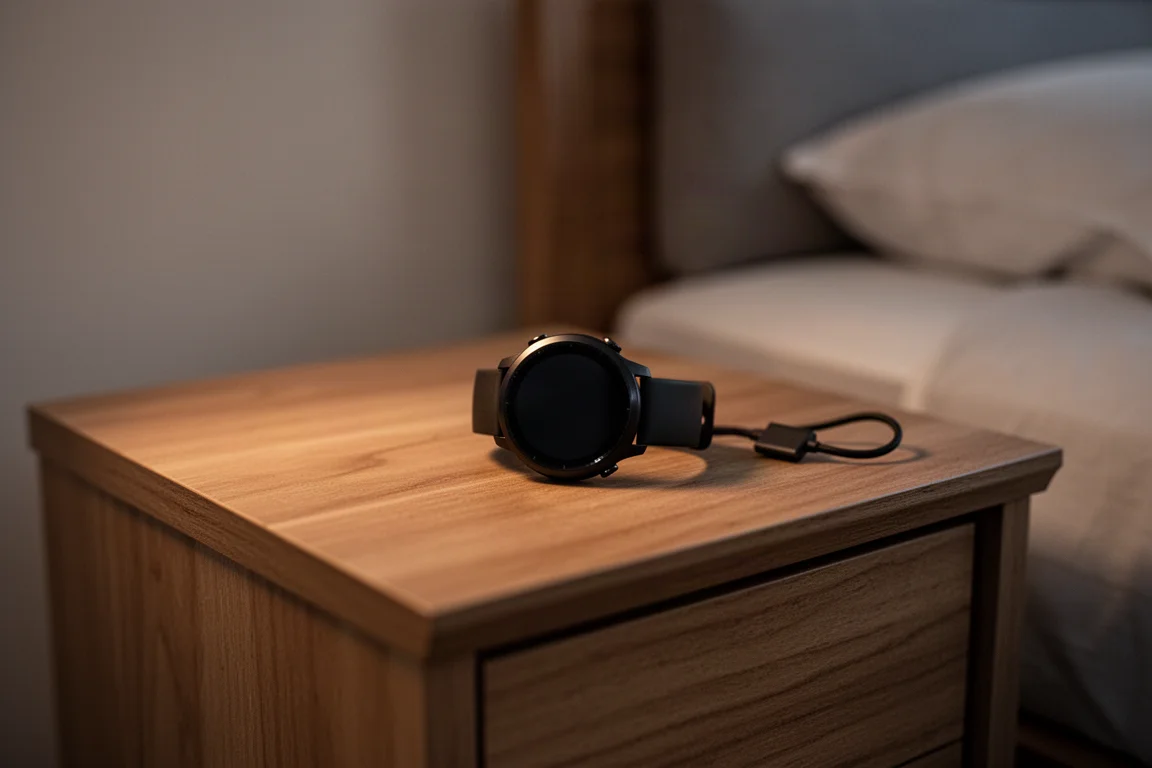 Smartwatch charging on a nightstand in low warm light