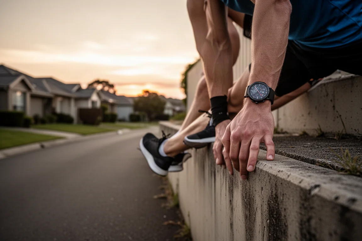 Runner stretching after a workout on a quiet suburban road at dusk