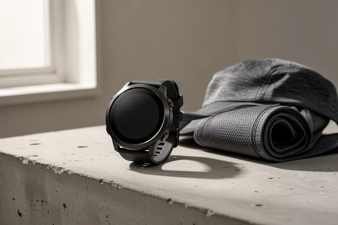Round black GPS sports smartwatch with bright screen on a concrete surface