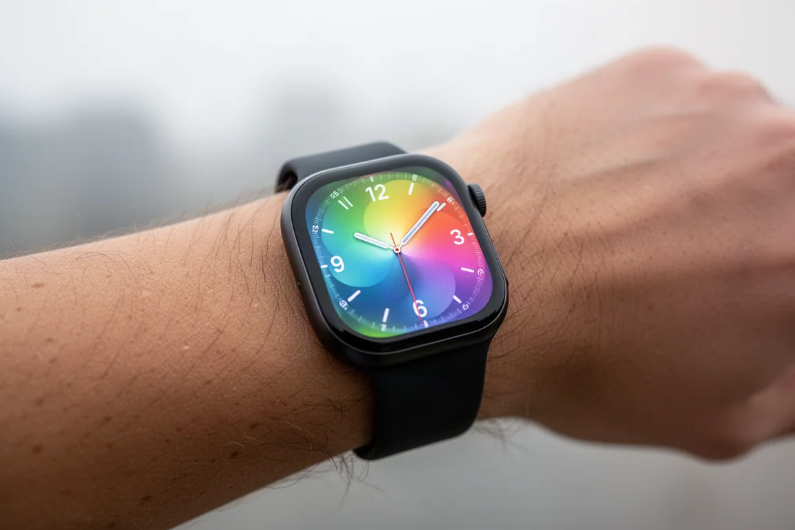 Ljus AMOLED-skärm på en smartklocka som lyser på ett handled i överkastad dagsljus