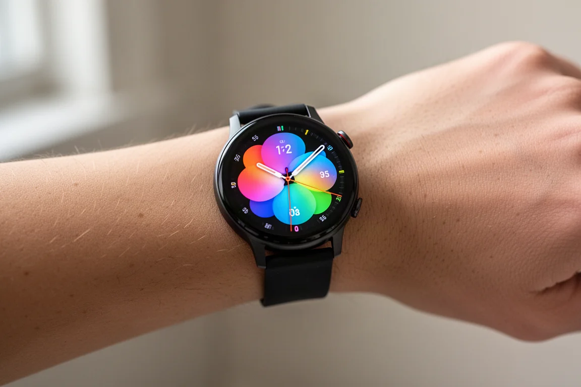 戴在手腕上的運動智能手錶,顯示明亮的 AMOLED 錶面