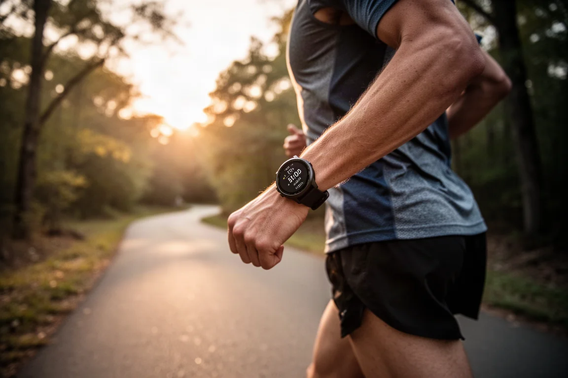 跑手戴上 GPS 運動手錶於鋪裝小徑跑步