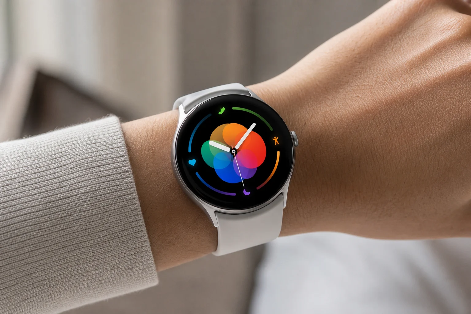 Close-up of a round smartwatch on a wrist showing a bright AMOLED display