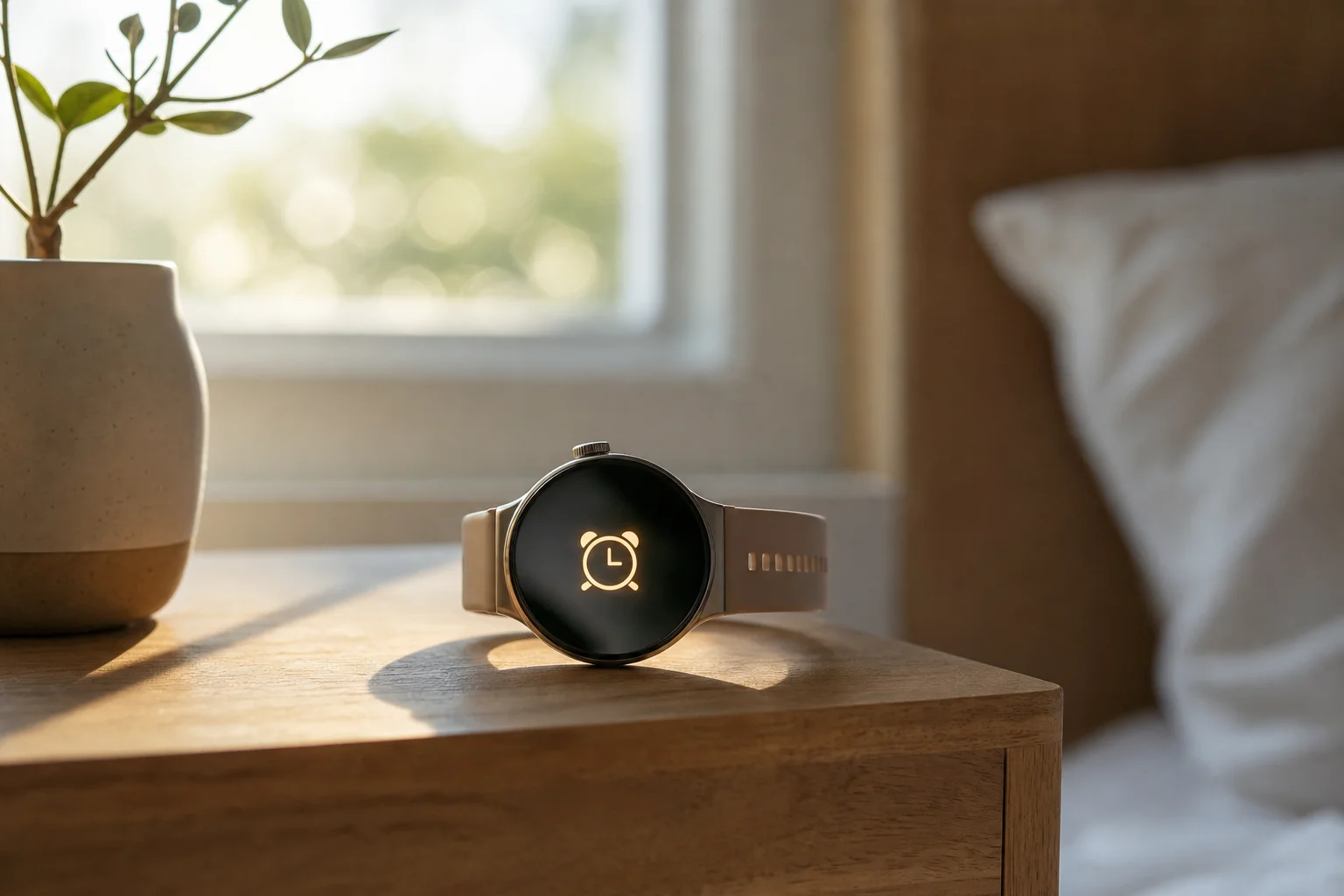 Smartwatch on a bedside table displaying an alarm screen at dawn