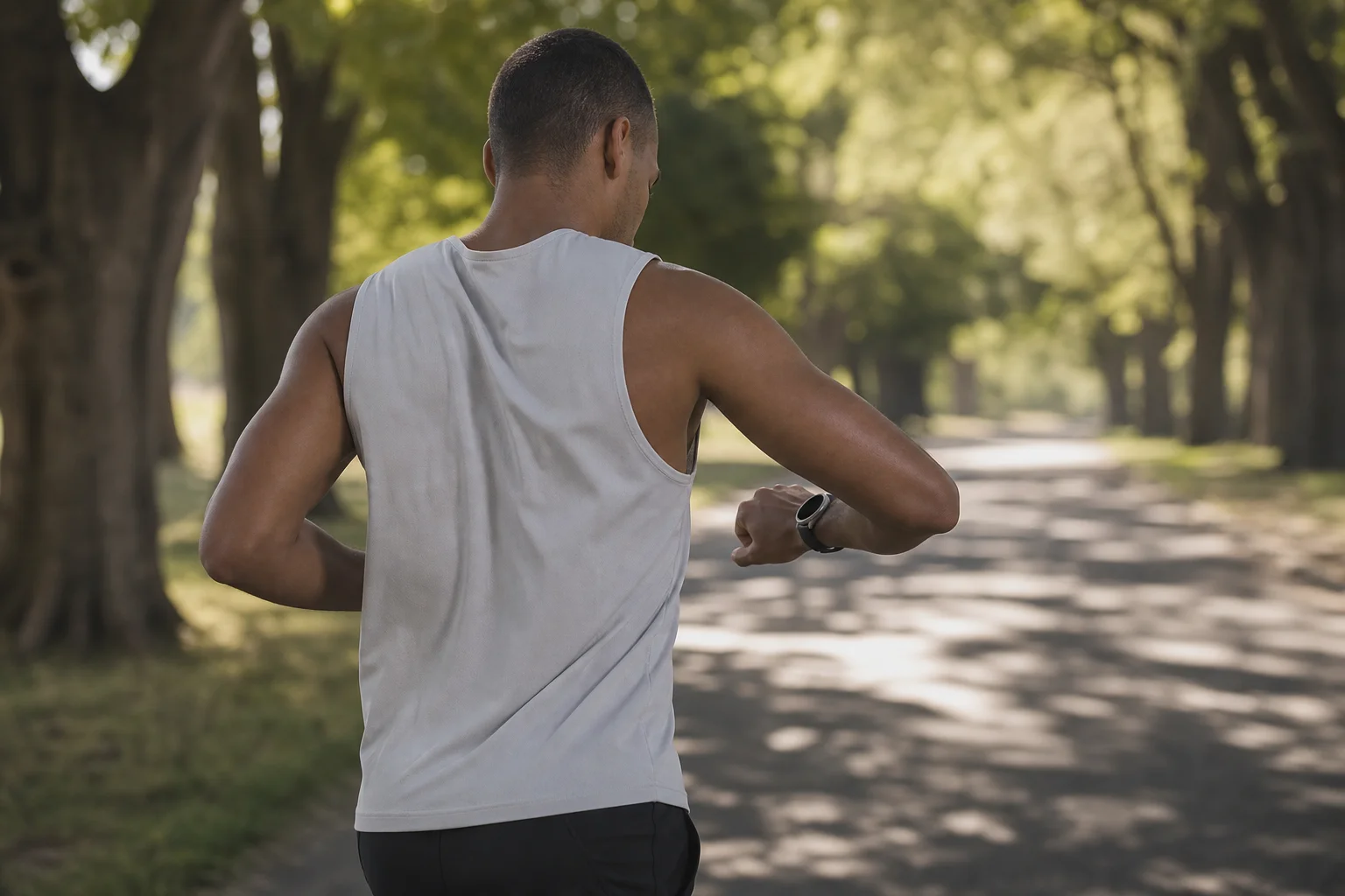 Runner on a tree-lined path checking a smartwatch on their wrist