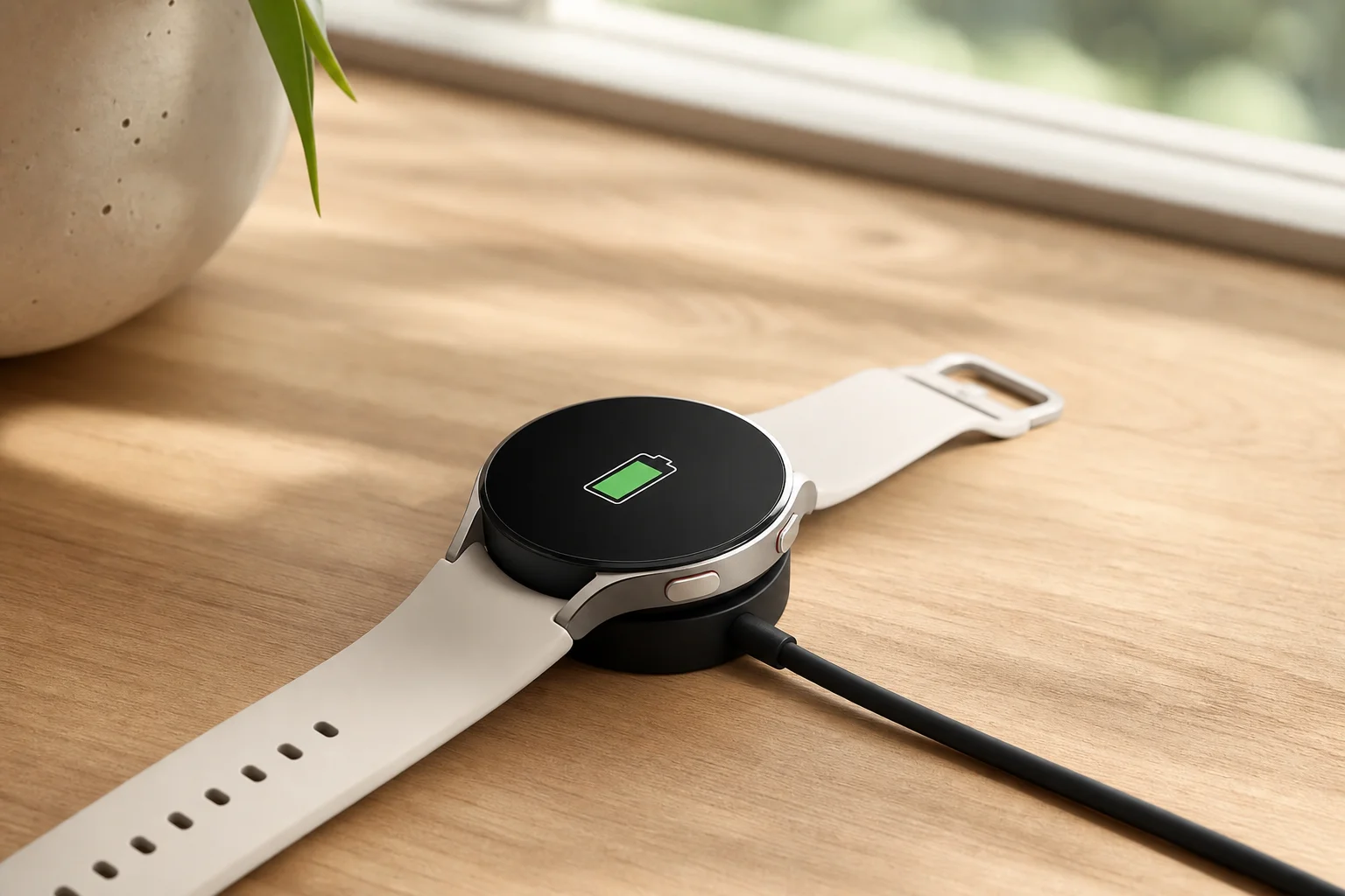 Smartwatch charging on a desk with a cable, battery icon visible on screen