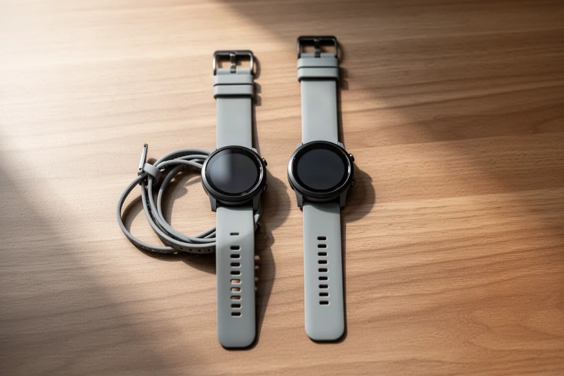 木製の机の上に並んで置かれた2つのコンパクトなGPSウォッチ