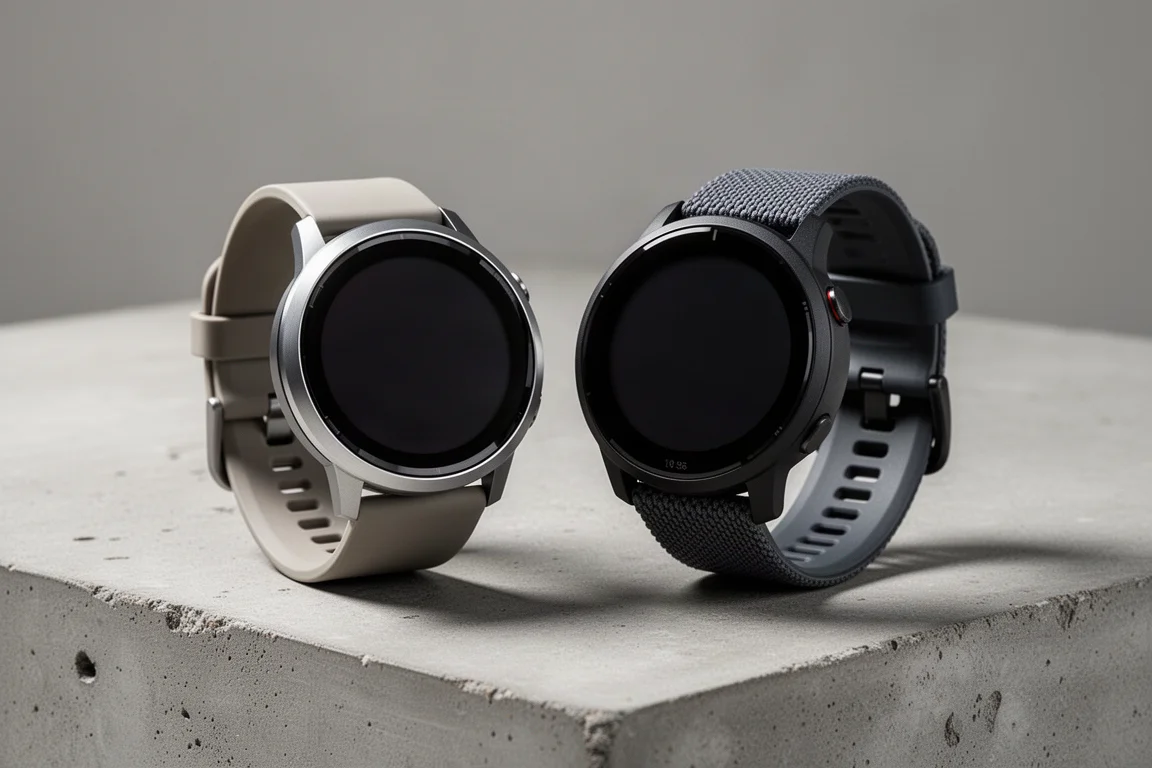 Two compact round Garmin-style GPS watches side by side on a concrete surface