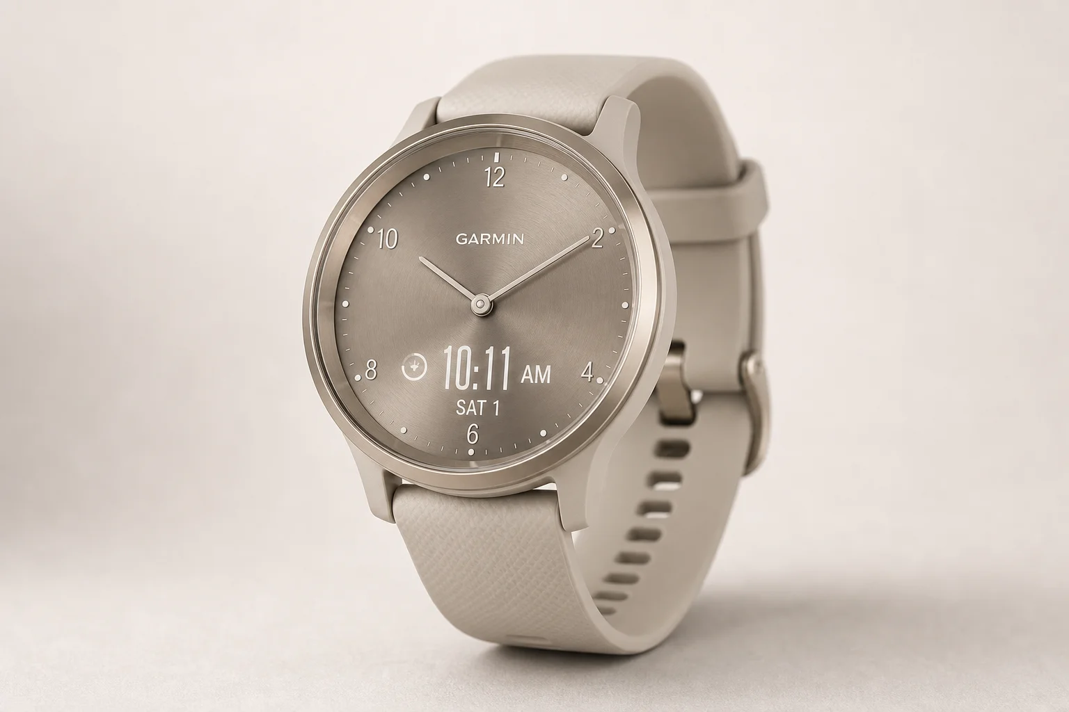 Collection of five Garmin sports watches on brushed aluminium surface