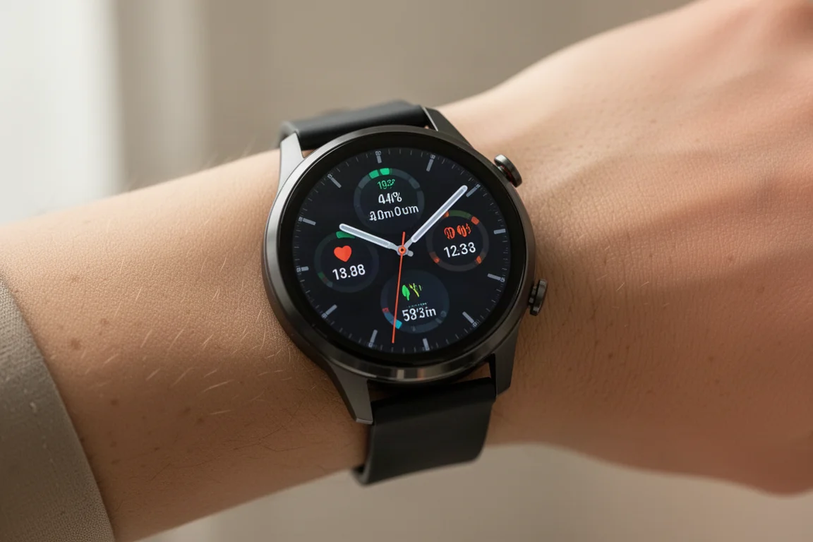 Hybrid-Smartwatch am Handgelenk, deren analoge Zeiger zur Seite geschoben sind und ein verstecktes Digitaldisplay freigeben
