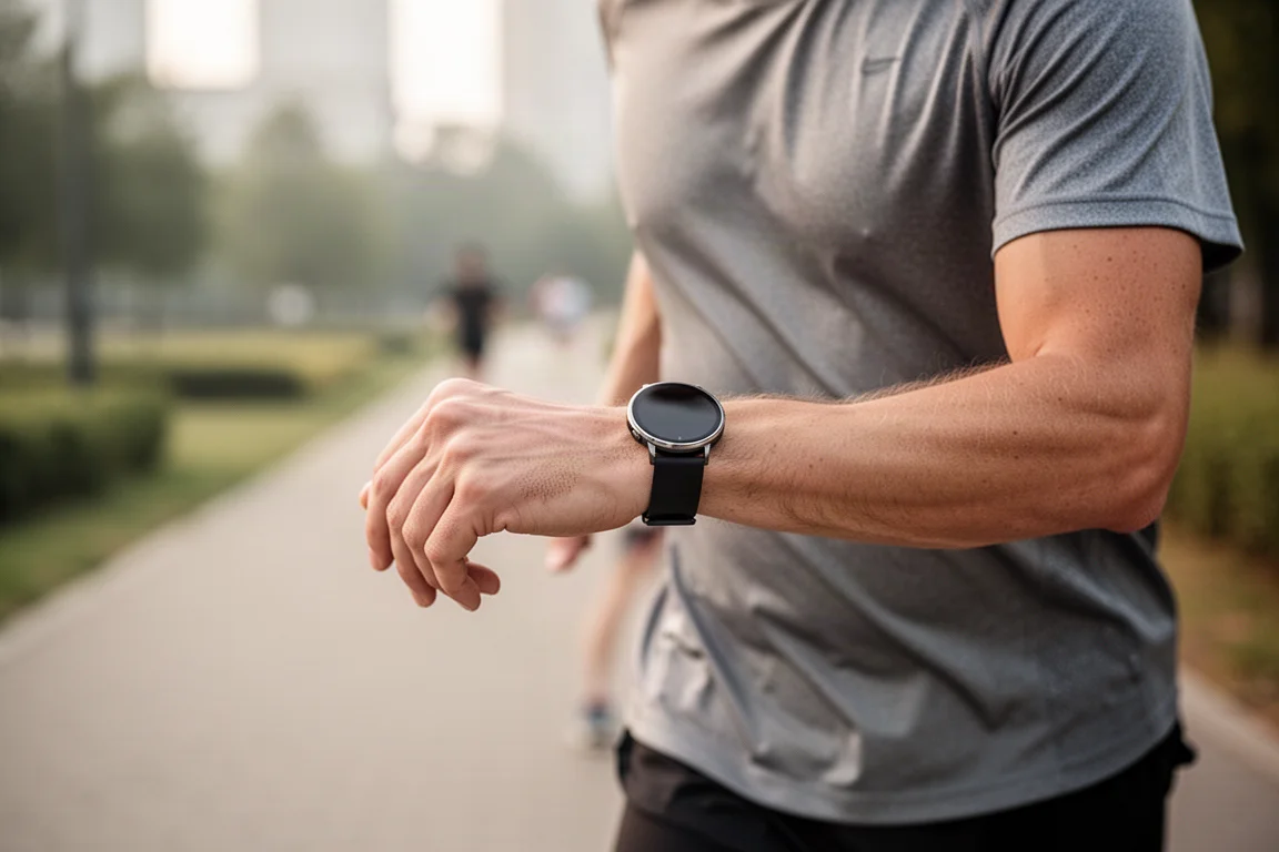 Läuferin prüft Outdoor Trainingsdaten auf einer schlanken Hybrid-Smartwatch