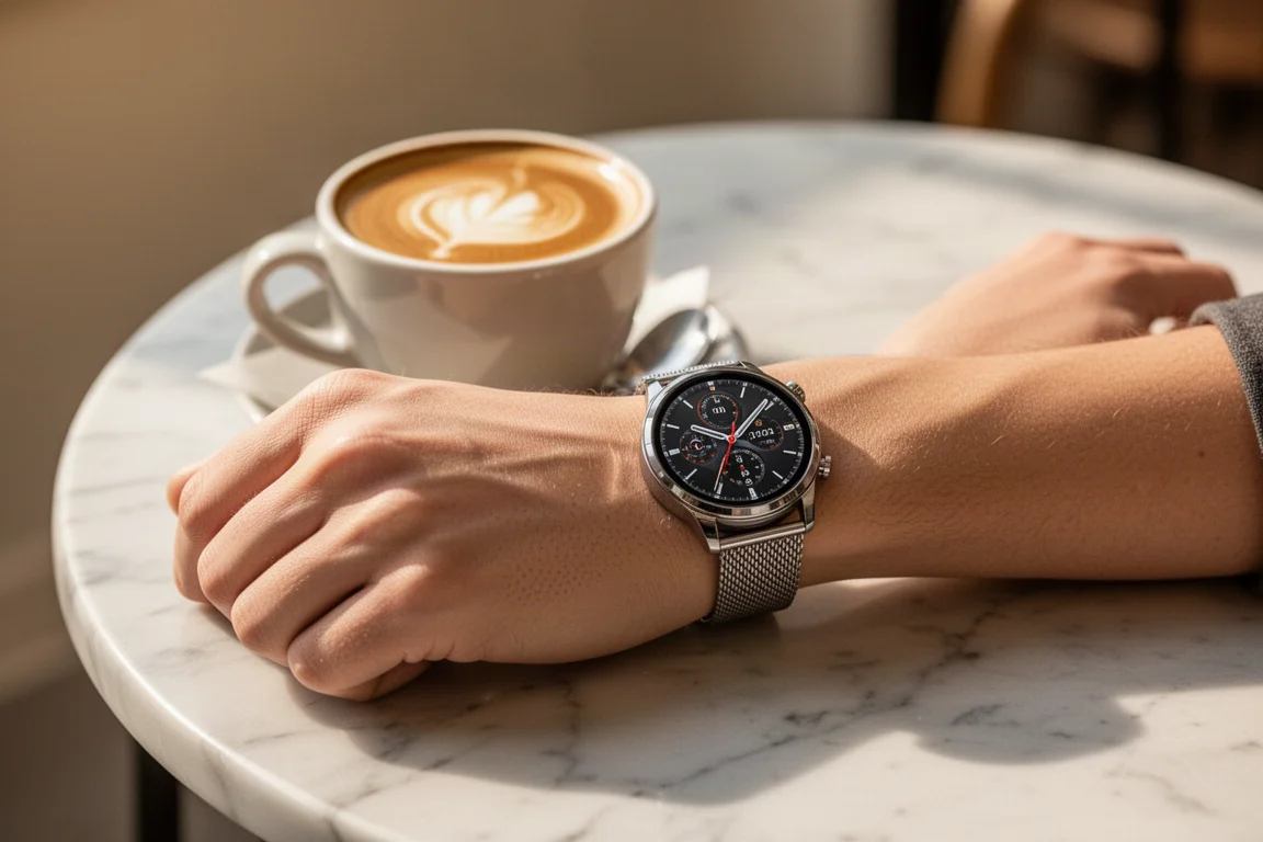 Stilvolle Hybrid-Smartwatch mit Alltagskleidung an einem Café-Tisch getragen