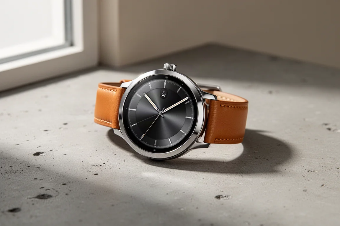 Garmin VivoMove Trend hybrid smartwatch with analog hands on a concrete surface