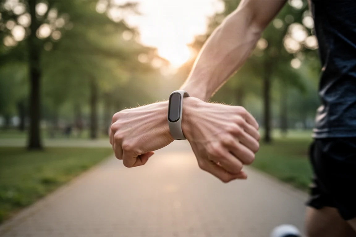 Un corridore controlla la fitness band durante una corsa all'aperto al mattino
