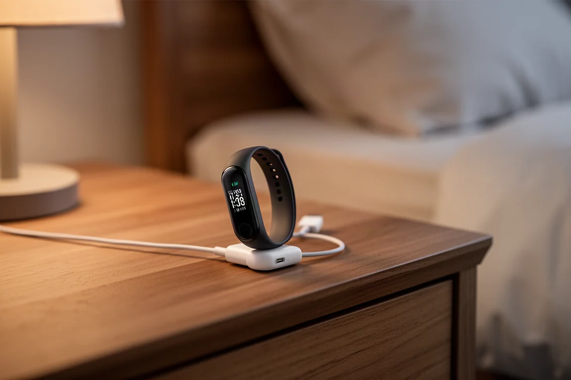 Fitness band in carica su un comodino di notte