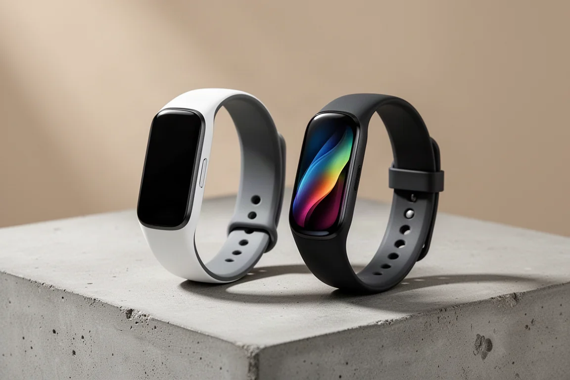 Garmin Vivosmart 5 and Fitbit Charge 5 fitness bands side by side on concrete