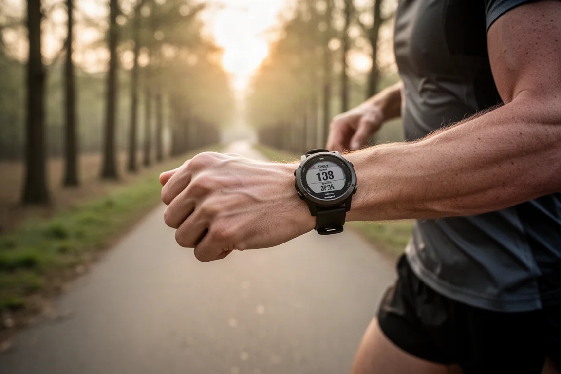 Hardloper bekijkt een GPS-sporthorloge tijdens een vroege ochtendloop