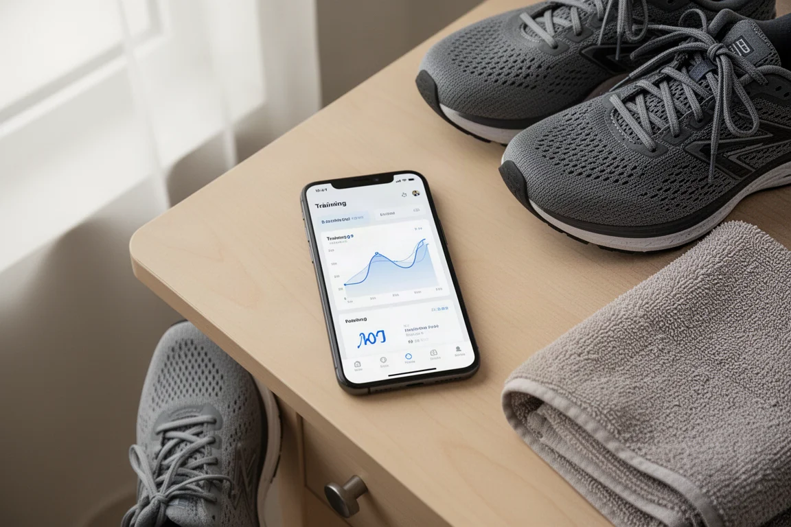 Dashboard van een hardloopapp op een smartphone, liggend op een bureau naast hardloopschoenen