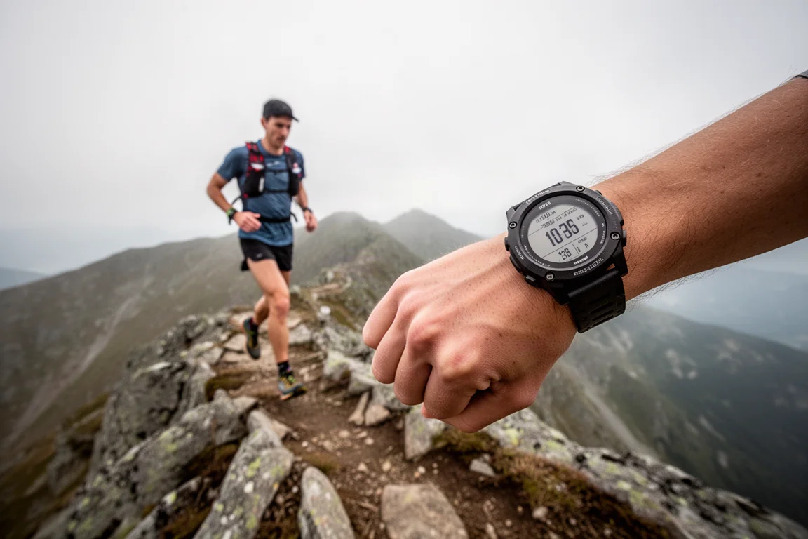 Trailrunner op een bergkam met een robuust GPS-horloge om de pols