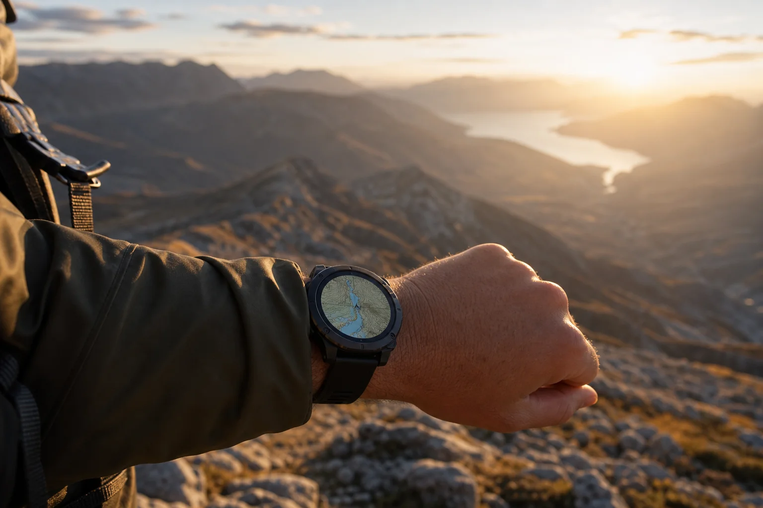 Outdoor-Abenteurer navigiert durch Gelände mit einer robusten Uhr und topografischer Kartenanzeige