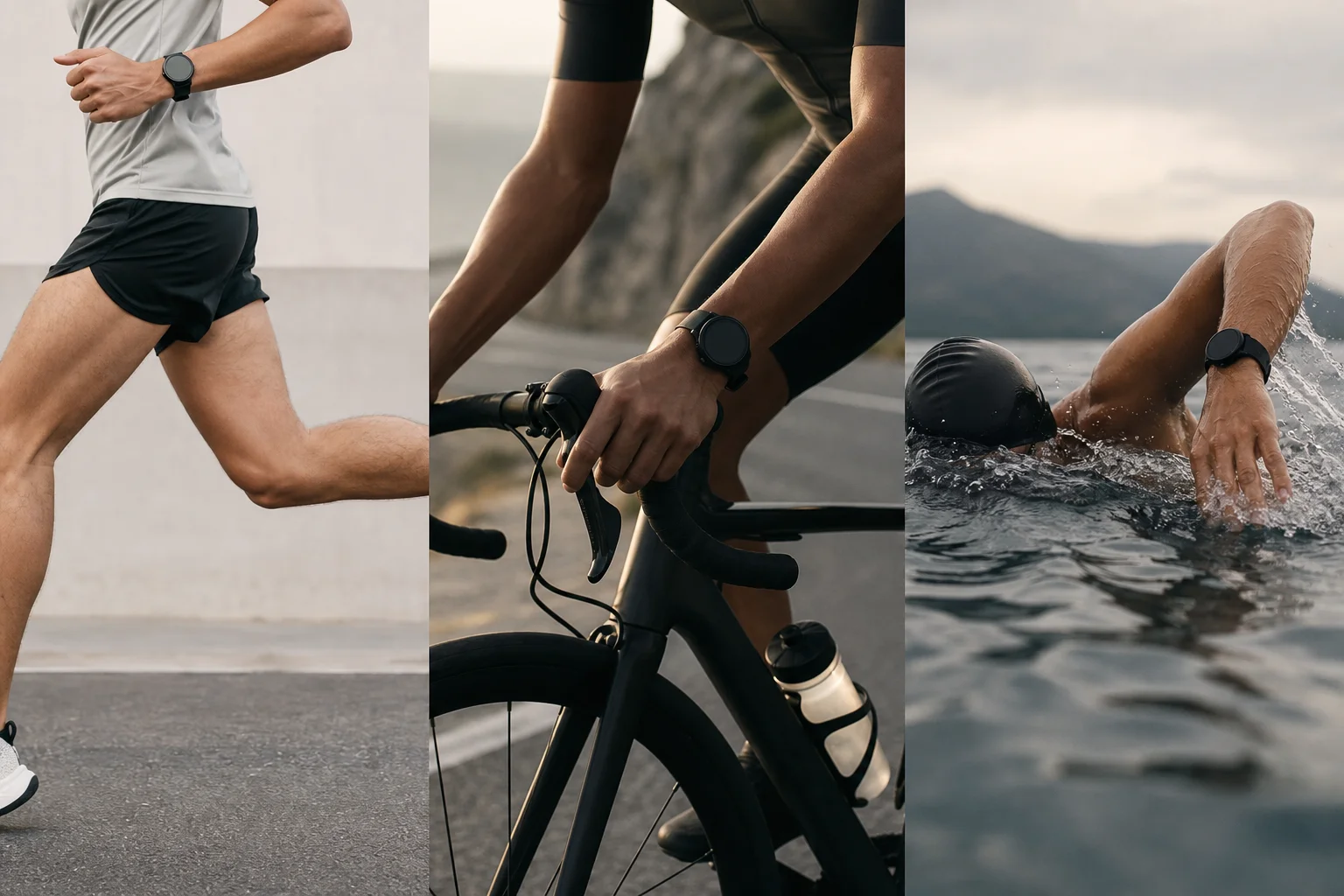 Athlet bei verschiedenen Sportaktivitäten: Laufen, Radfahren und Schwimmen mit einer Multisportuhr