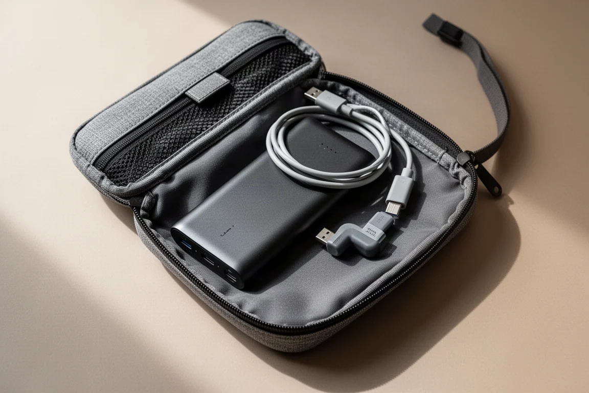 旅行收納袋平拍,內含行動電源、USB 充電線與小型充電轉接頭