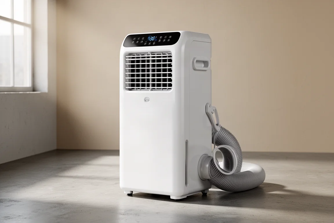 White portable air conditioner with side handles and exhaust hose in a bright workshop