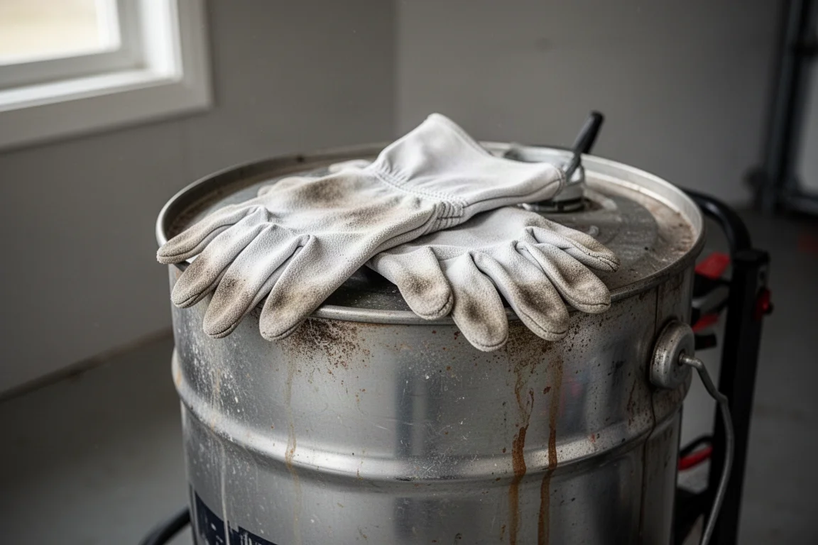 Guanti da lavoro appoggiati sul tamburo della drain cleaner dopo un lavoro