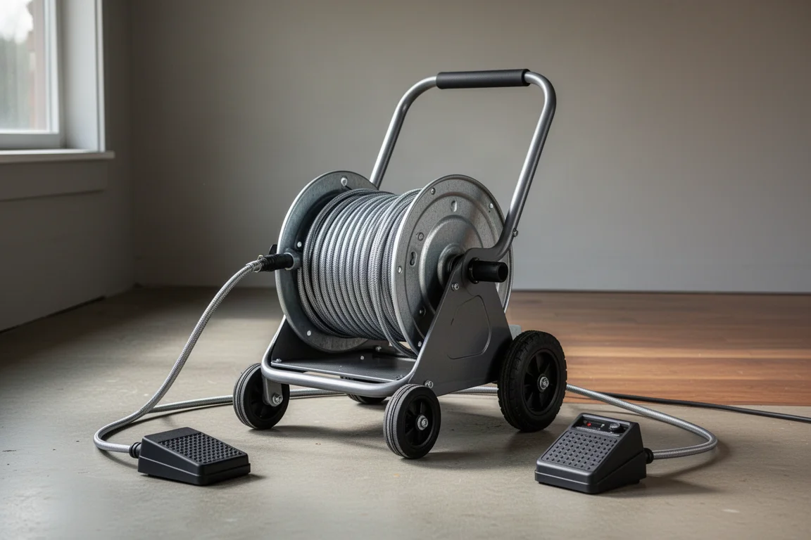 Garvey 50T powered drain cleaner machine on a garage floor with foot pedal nearby
