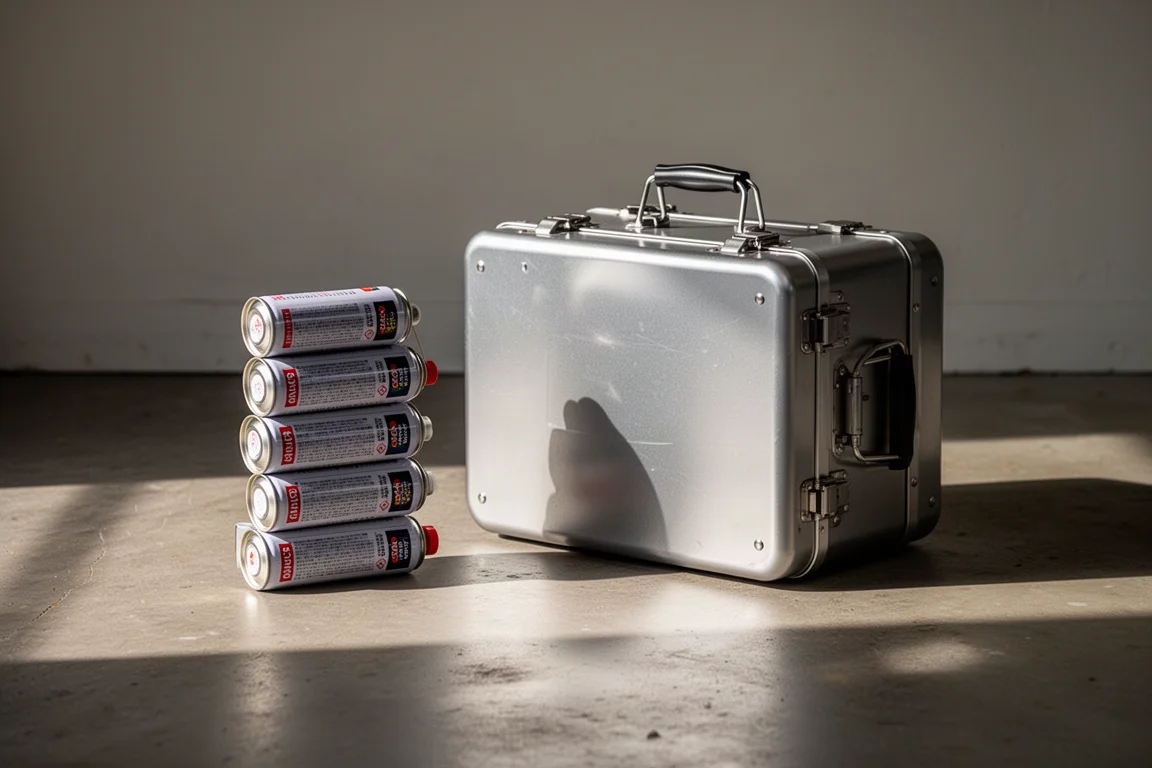 Flat-lay van twee pannen, een pot en een ketel rond een kampekookstel