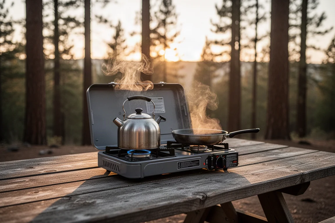 Two burner camp stove cooking breakfast on a wooden picnic table at sunrise