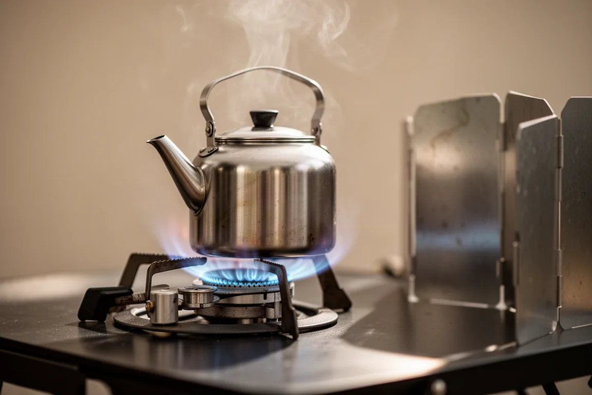Close up of a blue gas flame under a kettle with steam rising