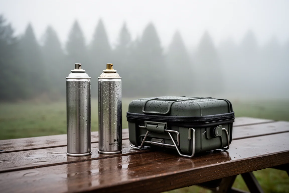 Butane canisters beside a folded camp stove on a misty morning picnic table