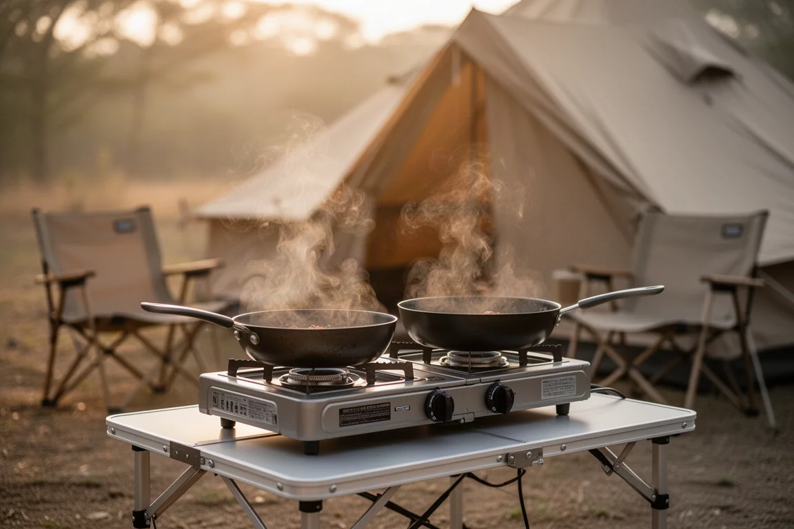 Two pans simmering on a camp stove at a golden hour campsite